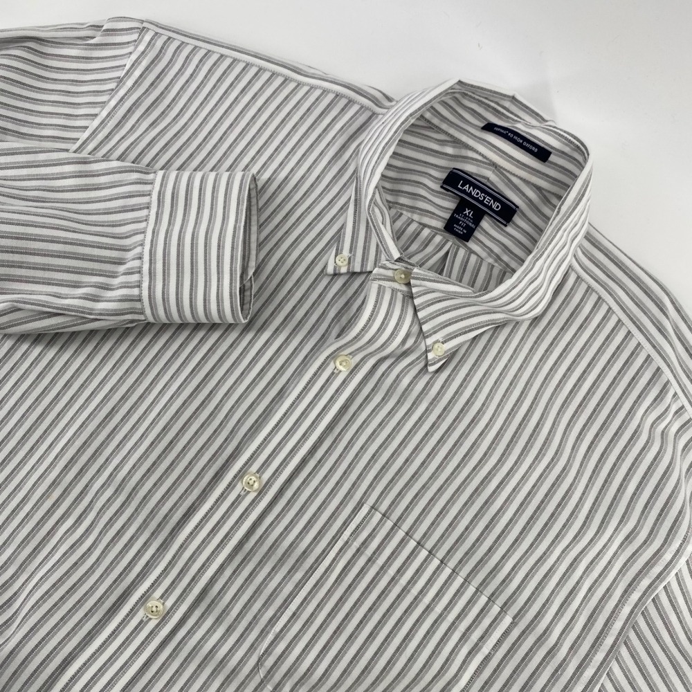 Lands End Mens XL Supima 80s Hyde Park Oxford Shirt Grey Stripe Traditional Fit